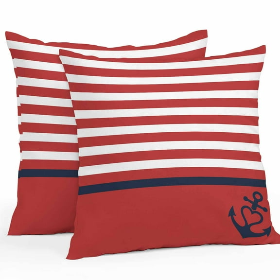 Vintage Anchor Texture Outdoor Pillow Covers Set of 2 Red Stripes Geometric Classic Waterproof Throw Pillow Case Decorative Square Cushion Cover for Patio Couch Garden Balcony, 24"x24"