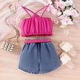 thumbnail image 3 of DuoJiaJ Kids Girls Summer Solid Color Suspender Top With Ruffles Denim Shorts 2PC Children's Suit Spring Floral Girls Matching Sets Size 2-3 Years, 3 of 5