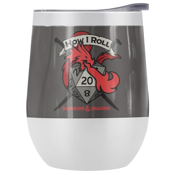 Dungeons & Dragons Official How I Roll D And D 12 oz Stemless Tumbler, Stainless Steel Travel Cup|Lake Tumbler|Insulated with Leak Resistant Slide-Lock Lid