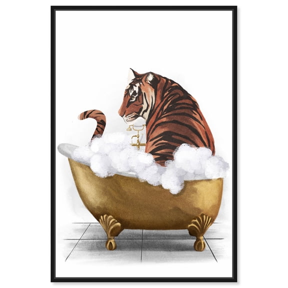 Bathtime Tiger Canvas Print Trendy Bathroom Art by Art Remedy, Black Frame, 10 x 15