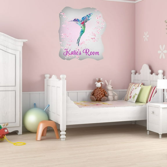 Animal Watercolor Custom Name Wall Decals for Kids Room - Colorful Small Bird Animal Pink Flowers Floral Personalized Bedroom Wall Sticker Water Color Style - Size: 9 In x 10 In