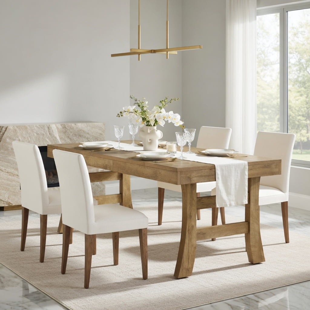 Hommoo 63 Inch Farmhouse Dining Table for 4-6 People, Rustic Wood Grain Rectangular Kitchen Table with Modern Leg Design, MDF Construction, Natural