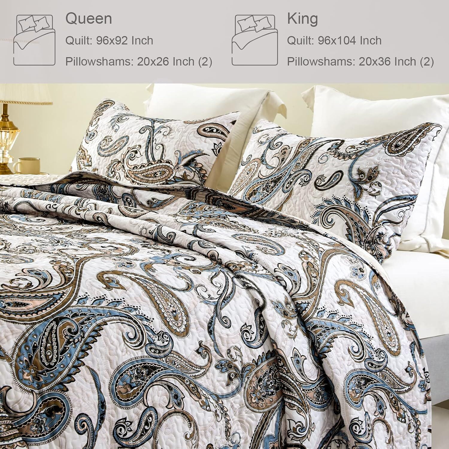 Whale Flotilla Reversible Paisley Quilt Set Queen Size, Lightweight Boho Printed Bedspreads Coverlets Quilts Bedding Set with 2 Pillow Shams for All Seasons, Bone/Grey