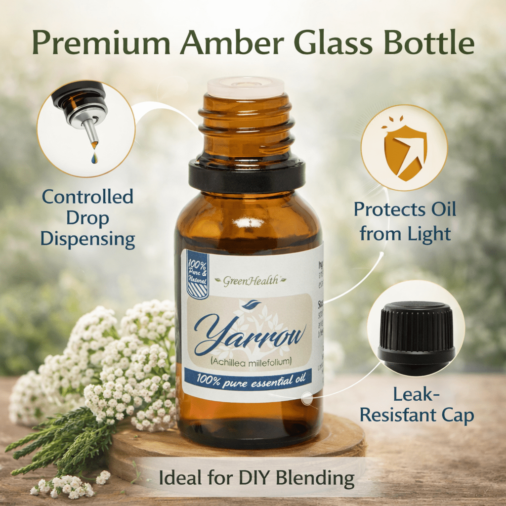 Yarrow Essential Oil – 100% Pure Achillea Millefolium Oil – Aromatherapy Oil for Diffuser, Soap Making, Candle Making –  15 ml (1/2 fl oz) Amber Glass Bottle w/ Euro Dropper – GreenHealt