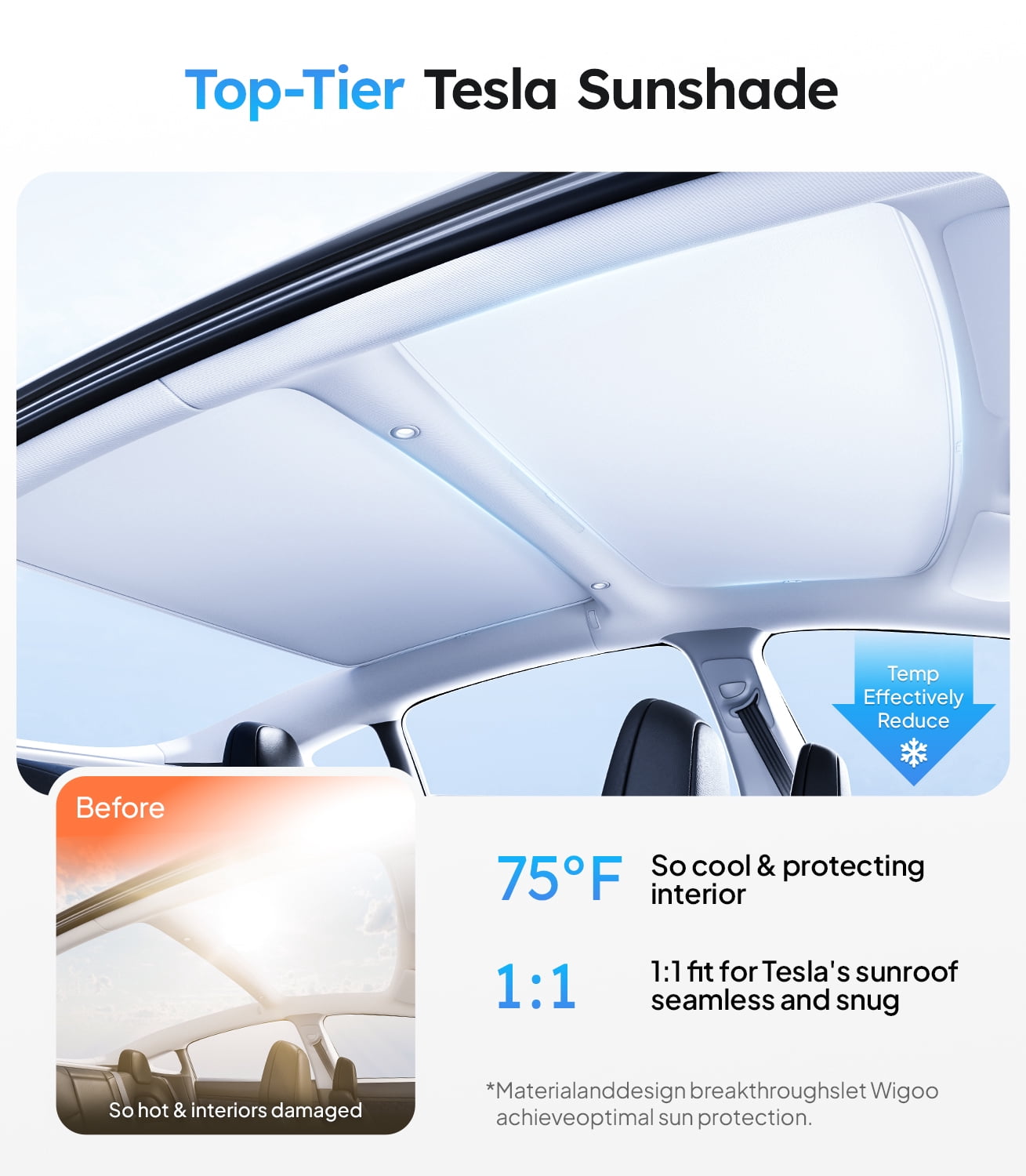 Wigoo Sunshade Roof for Tesla Model 3 2020~2026 [Never Sag, Nano Ice-Crystal Coatings] 3-Gen Heat Insulation Glass Roof Sun Shade, Accessories for Model 3 Highland,Gray