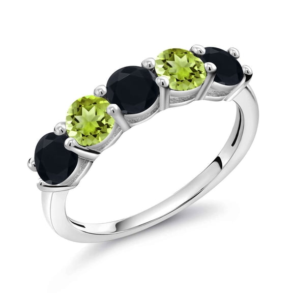 Gem Stone King 925 Sterling Silver Black Onyx and Green Peridot Wedding Band Ring for Women (0.80 Cttw, Round 3.5MM, Gemstone December Birthstone, Size 7)