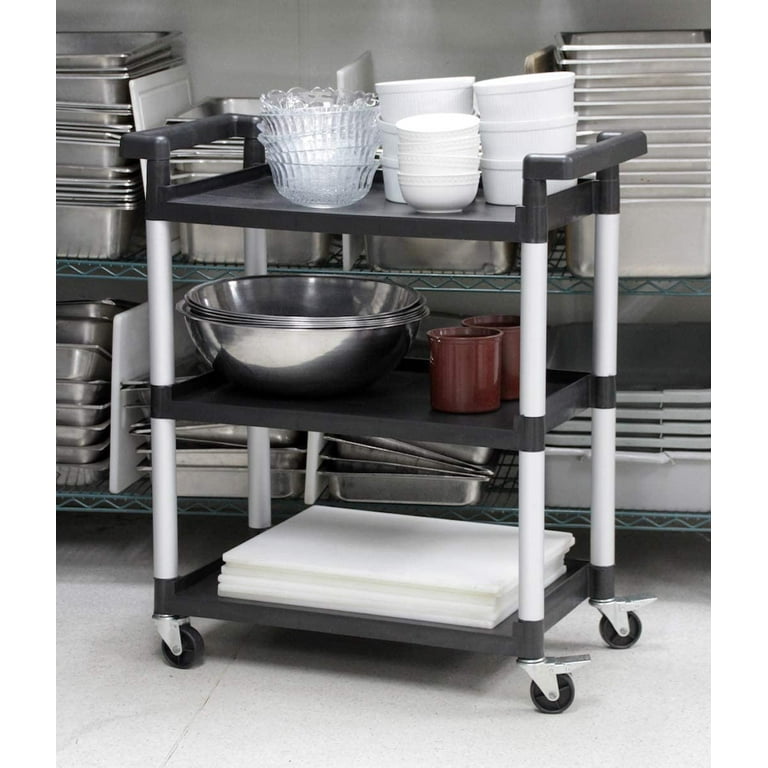 Three-Shelf Service Cart, Plastic, 3 Shelves, 200 lb Capacity, 18.63 x  33.63 x 37.75, Platinum - Zerbee