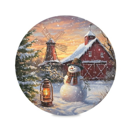 

WOBOGO Barn Snowman Round Placemats Set of 1 Heat Resistant Washable Kitchen Table Decorations 15.4in