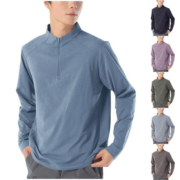 Sookity Mens Zipper Long Sleeve Shirts Sun Protection Quick Dry Shirts Solid Basic Tee Shirts Stand Collar Shirts Beach Yoga Summer Solid T Shirt Black,L