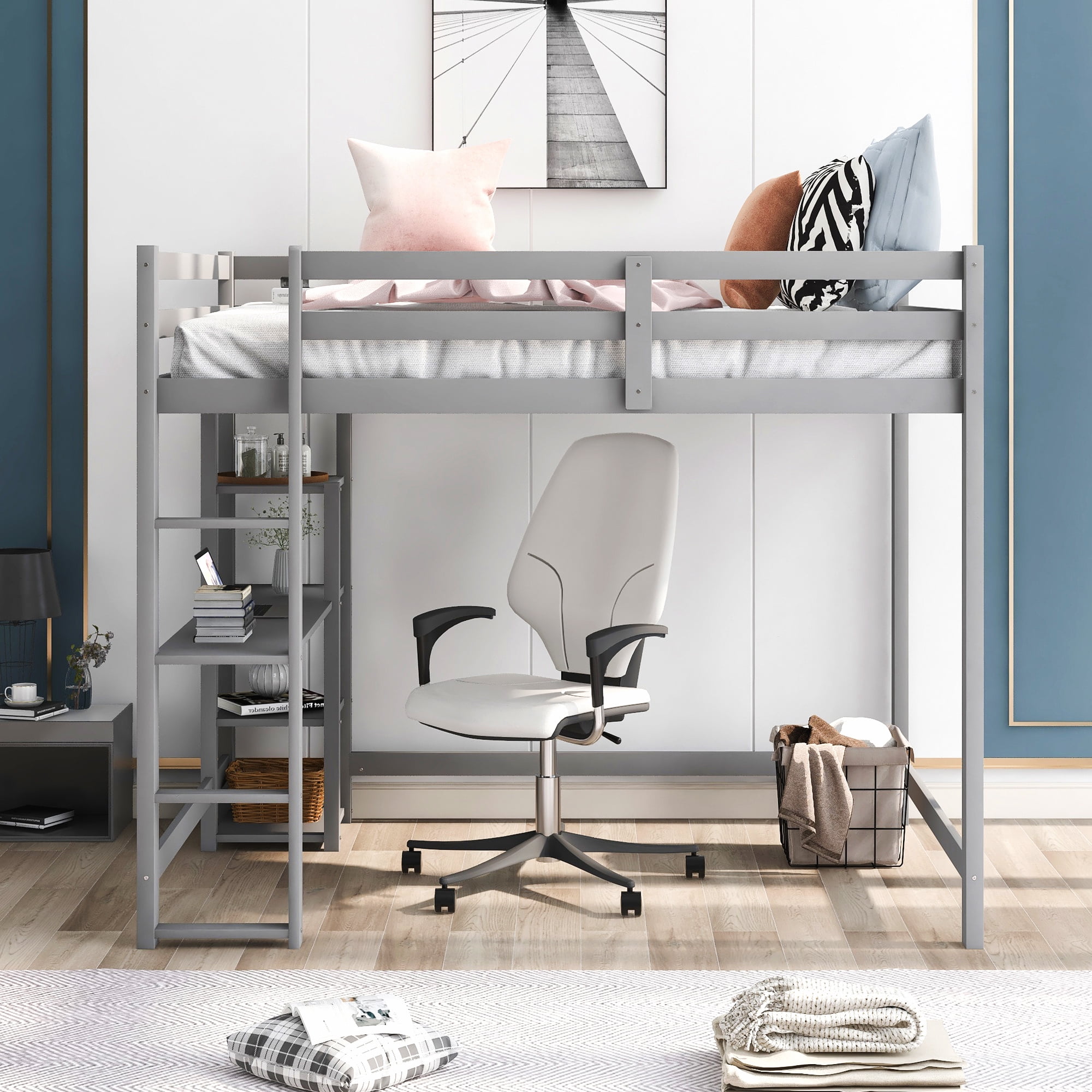 Full Size Loft Bed With Built In Desk And Shelves Gray Walmart Com