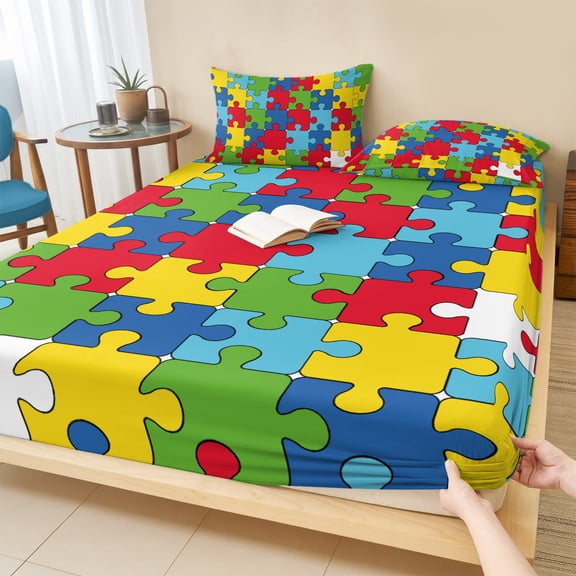 Full Size Fitted Sheet Set - Red Blue 3 Piece Bedding Sets 16" Deep Pocket Fitted Sheet with 2 Pillowcases Green White Yellow Colorful Modern Abstract Brushed Microfiber Hotel Luxury Bed Sheets