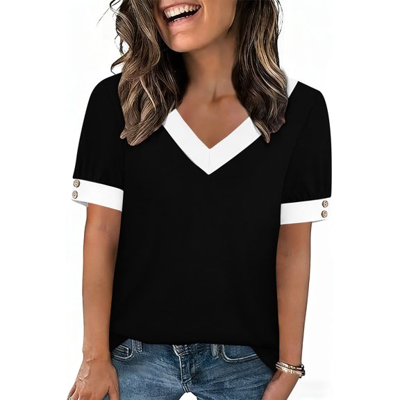 Womens Tops Boho Summer Outfits 2026 Short Sleeve Shirts with Bottons Beach Vacation Clothes Casual Black XXL