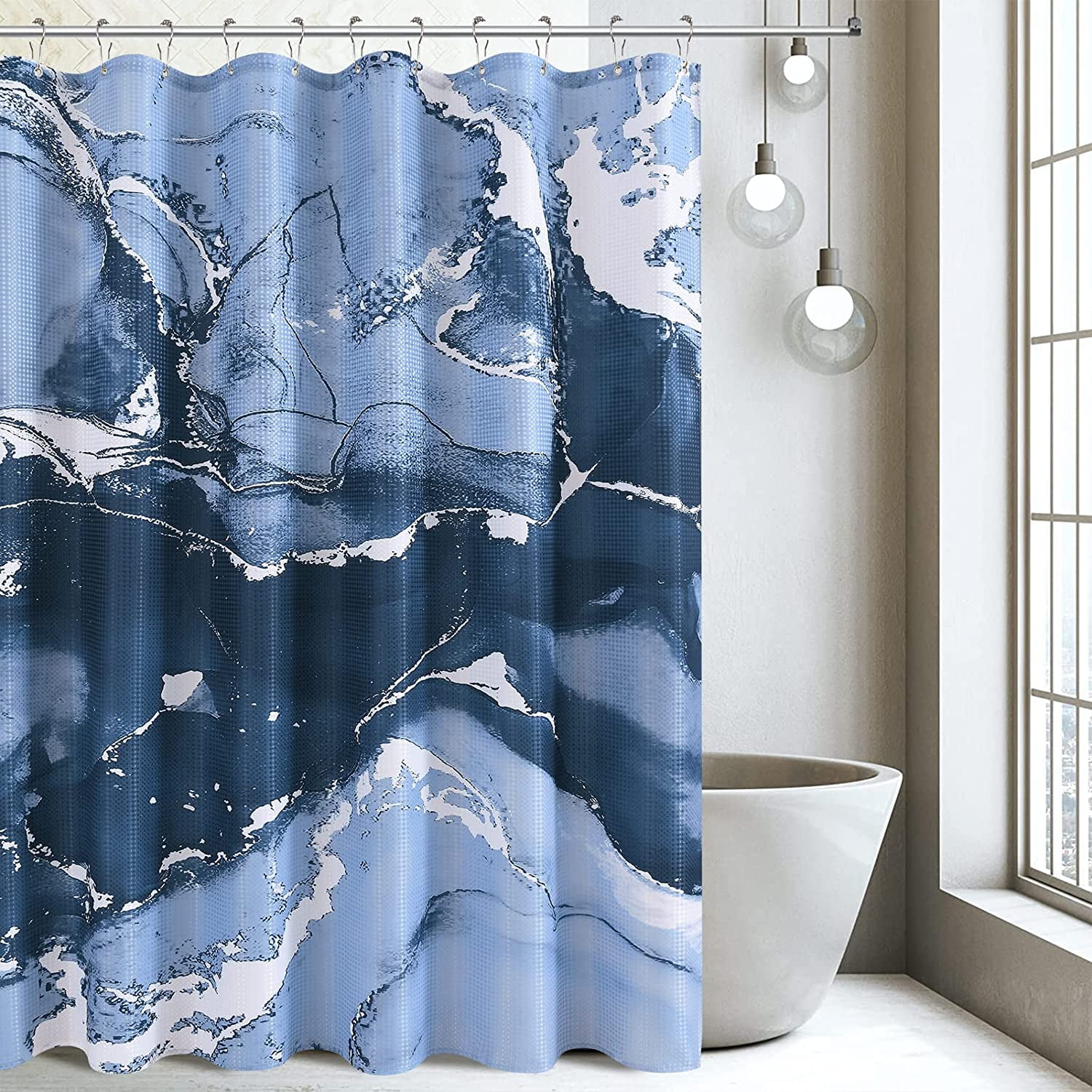 Navy Shower Curtain Marble, Modern Abstract Shower Curtain with 12  Hooks,Navy Blue Bathroom Shower Curtain,Blue and White Fabric Art Shower