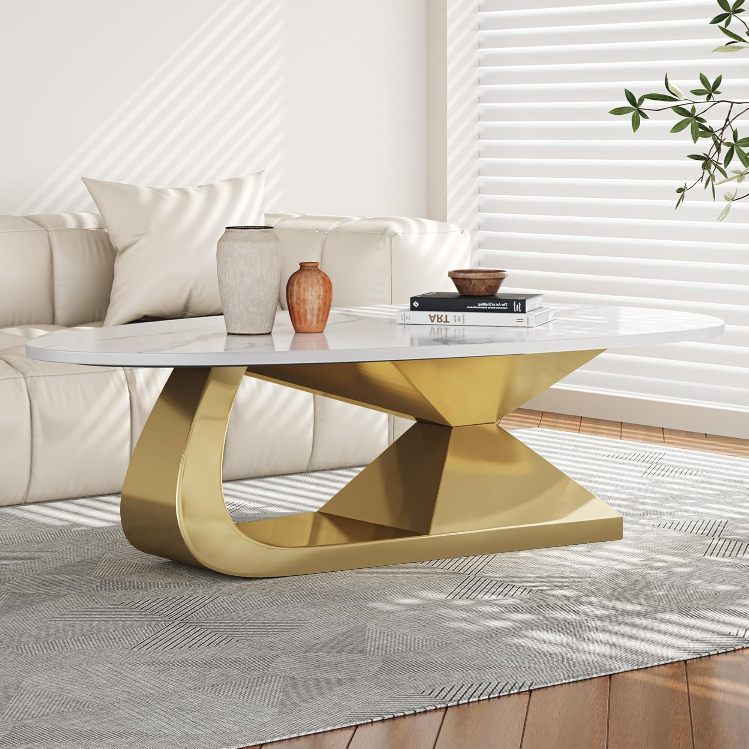 Tabaray Modern Oval Coffee Table Luxury Sintered Stone Top Coffee Table with Sculptural Geometric Stainless Steel Base,Mid-Century Marble Grain Center Table for Living Room,Gold