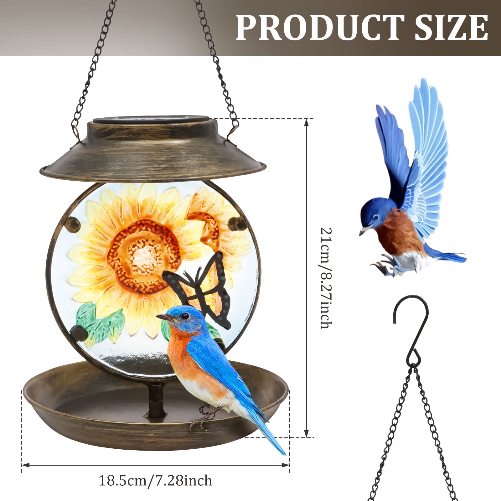 Threns Decorative Solar Bird Feeder Iron and Glass Solar Hummingbird Feeder with Hand Painted Pattern for Yard Patio Garden Outdoor