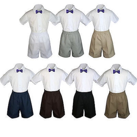 3pc Set Boy Toddler Formal Party Purple BowTie White Black Khaki Shorts S-4T