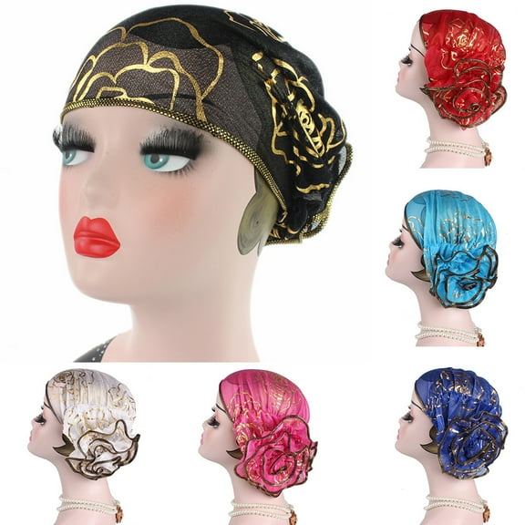 D-GROEE Elegant Women Lace Flower Pleat Beanie Mesh Turban Headwrap Muslim Chemo Bonnet Cap