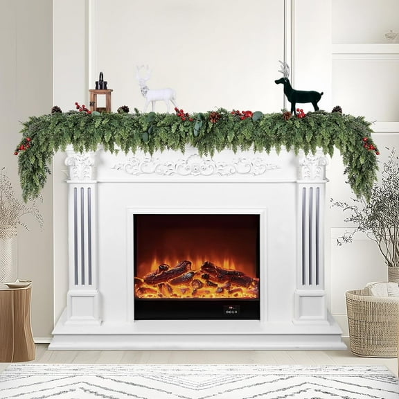 Guvpev 6FT Christmas Garland Realistic Soft & Thickness Green Faux Cedar Garland Artificial Cypress Garland with Red Berries for Home Mantel Fireplace Wall Indoor Outdoor Holiday Party Decorations