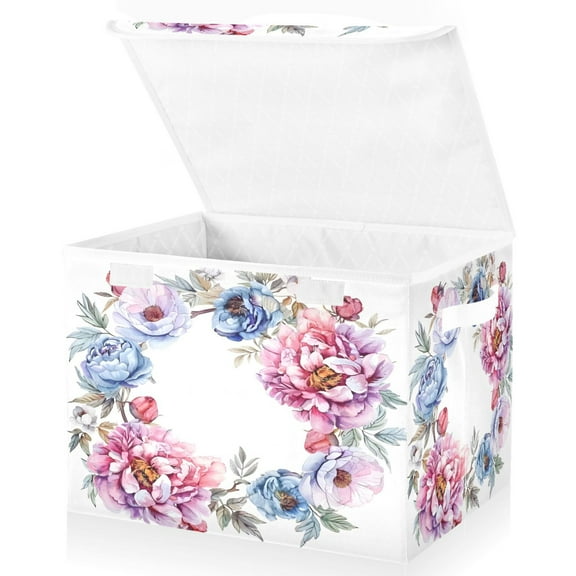 Ryvnso Floral Wreath Large Lidded Foldable Storage Baskets Cubes Boxes Lids Bin for Home