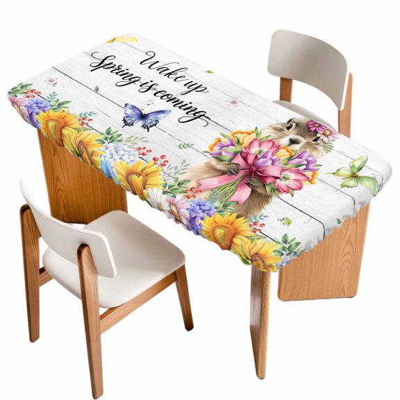 Spring Groundhog Table Cloths for 4 Foot Rectangle Tables, Watercolor Sunflower Botanical Vintage Patio Waterproof Elastic Fitted Tablecloths, Washable Rectangular Table Cover for Camping