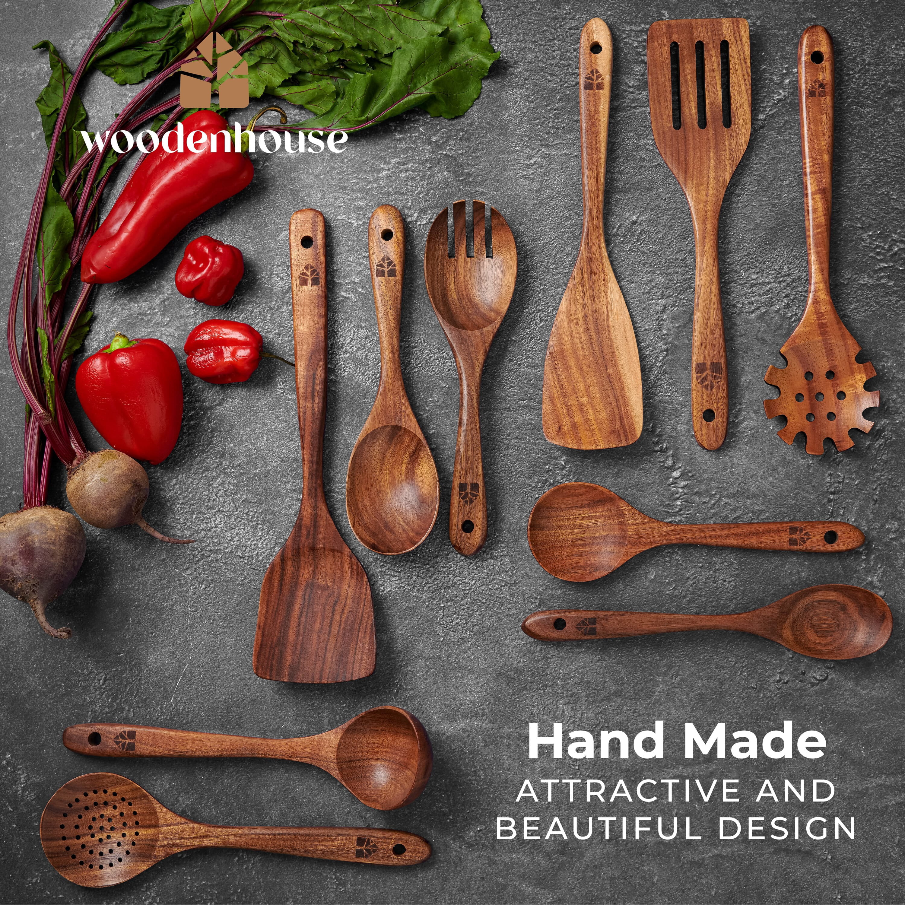 Wooden Spoons for Cooking, 10 Pcs Wooden Cooking Utensils Set – Wooden Utensil Set for Nonstick Pans & Cookware