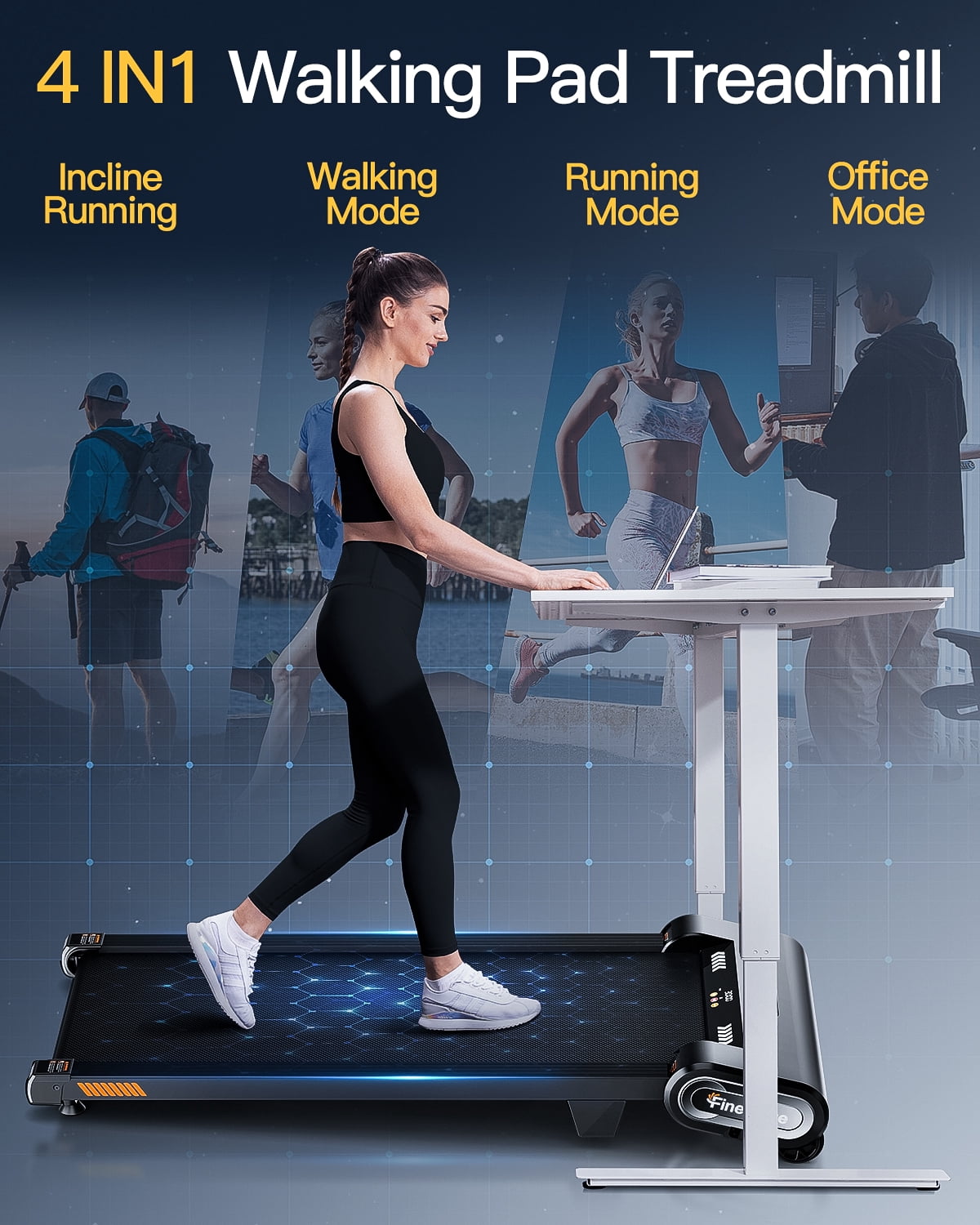 FINEHORSE Under Desk Walking Pad with Auto Incline, 6-in-1 Portable Treadmill, 2.5HP Quiet Motor, 0–4 MPH Speed, LED Display & Remote Control