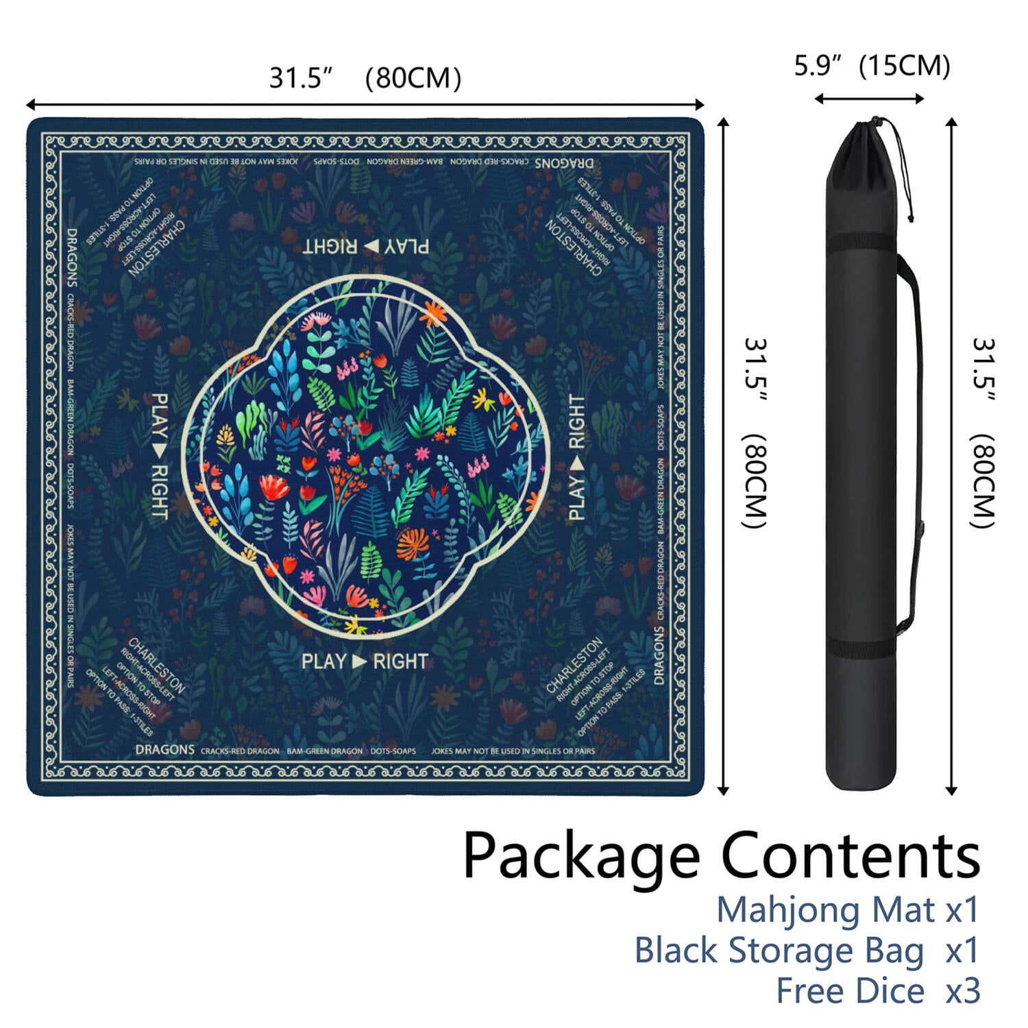 Floral Mahjong Mat with Rules, 31.5*31.5in Anti Slip American Mahjong Mat for Table, Noise Reduction, Neoprene Mah jongg Mats with Carrying Bag & 3 Dices, Mahjong Supplies Gift, Board Tile Games Mats