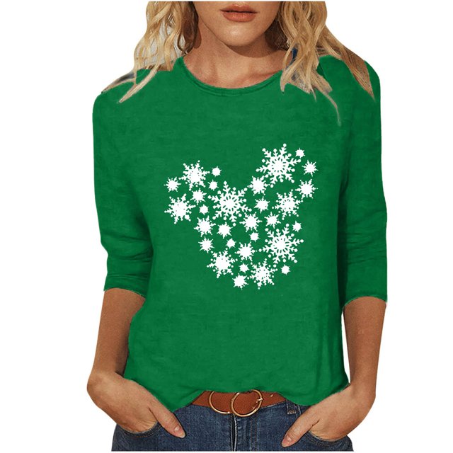 Fiudx Ofertas y Liquidaciones Camiseta de Manga 3/4 con Cuello Redondo y Estampado Navideño para Mujer, Jersey con Cuello Redondo, Top/Camisa de Manga Larga con Cuello Redondo
