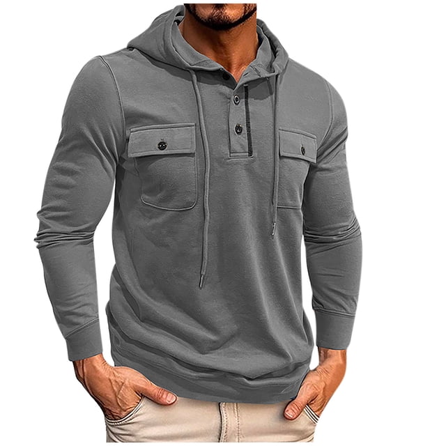 Jalioing Men's Cargo Sweatshirts Long Sleeve Solid Color Drawstring Hoodies Casual Button Pullover with Pocket