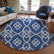 Addison Rugs Chantille Indoor/Outdoor Transitional Scrolls Navy Washable Round Rug, 8' x 8'