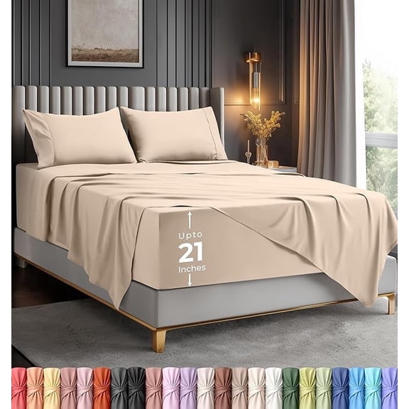 4-Piece Extra Deep Pocket Sheet Set | Fits 18 to 21 Inch Mattresses, Soft Cooling Microfiber, Hotel Luxury, Wrinkle & Fade Resistant, OEKO-TEX Certified | Utopia Bedding, Queen, Beige