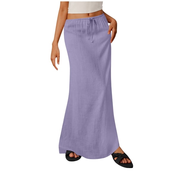 MGDXOX Women's Linen Mermaid Maxi Skirt Elastic Drawstring Waist Casual Flowy Skirt for Daily Commute Beach Vacation Purple XXL
