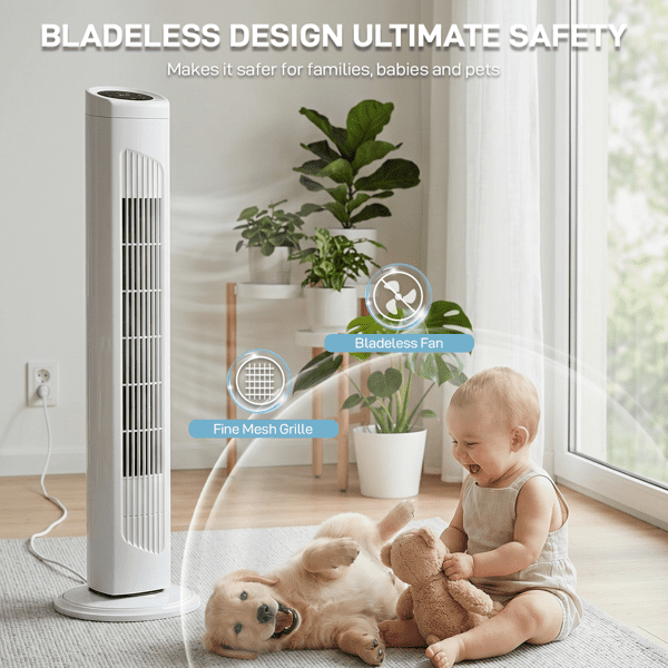 Alvantor 32-Inch Oscillating Tower Fan with Remote, 3 Speeds, 3 Modes and 7.5-Hour Timer, White