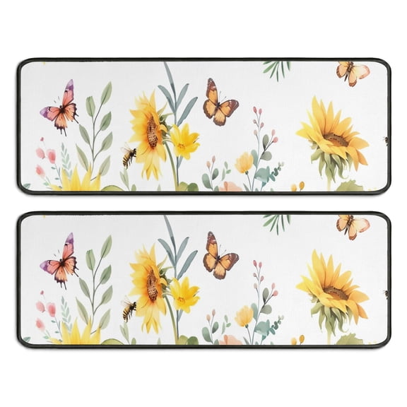 Kitchen Rugs Sets Of 2,White Butterfly Bee Sunflower Pattern Anti Fatigue Kitchen Mat Rugs Non Slip Washable,Decorative Kitchen Floor Mats for Kitchen,Sink,Laundry,17"x47" 17"x47"