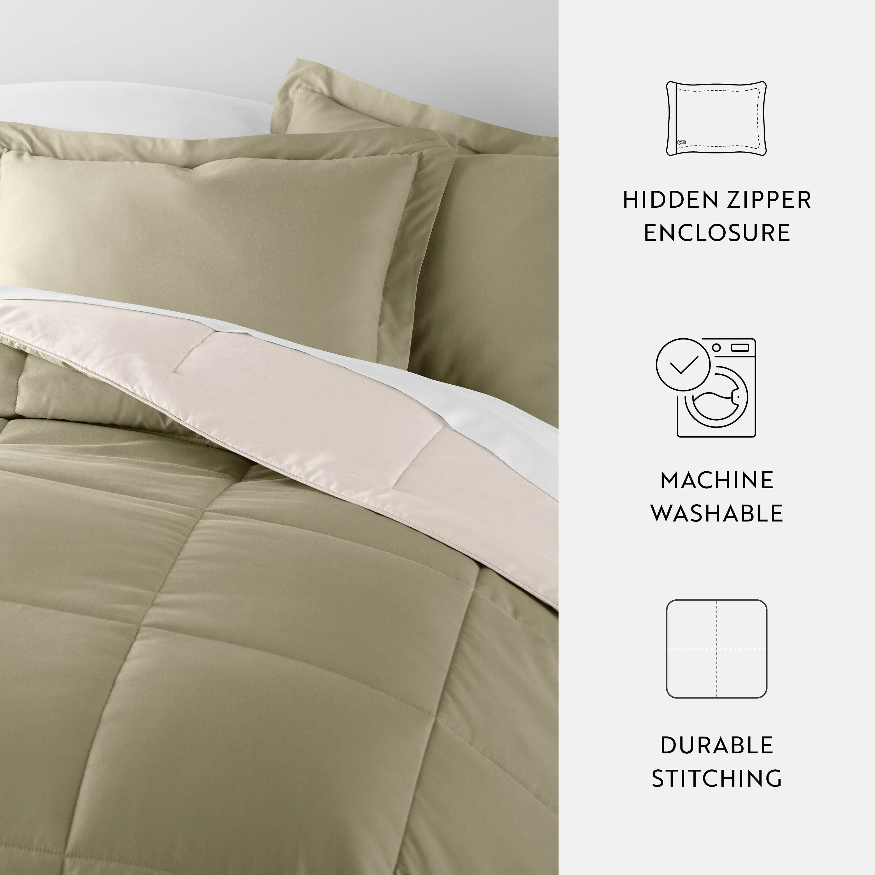 Noble Linens Soft 3-Piece Sage & Ivory Reversible All Season Lightweight Down Alternative Comforter Set, Full/Queen