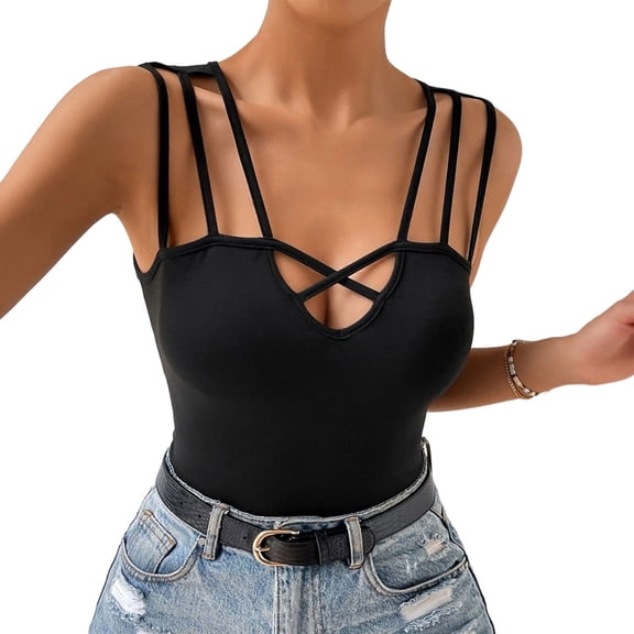Jowamay Criss Cross Tank Tops for Women V Neck Sexy Sleeveless Slim Fitted Tank Tops Summer Casual Shirts for Travel