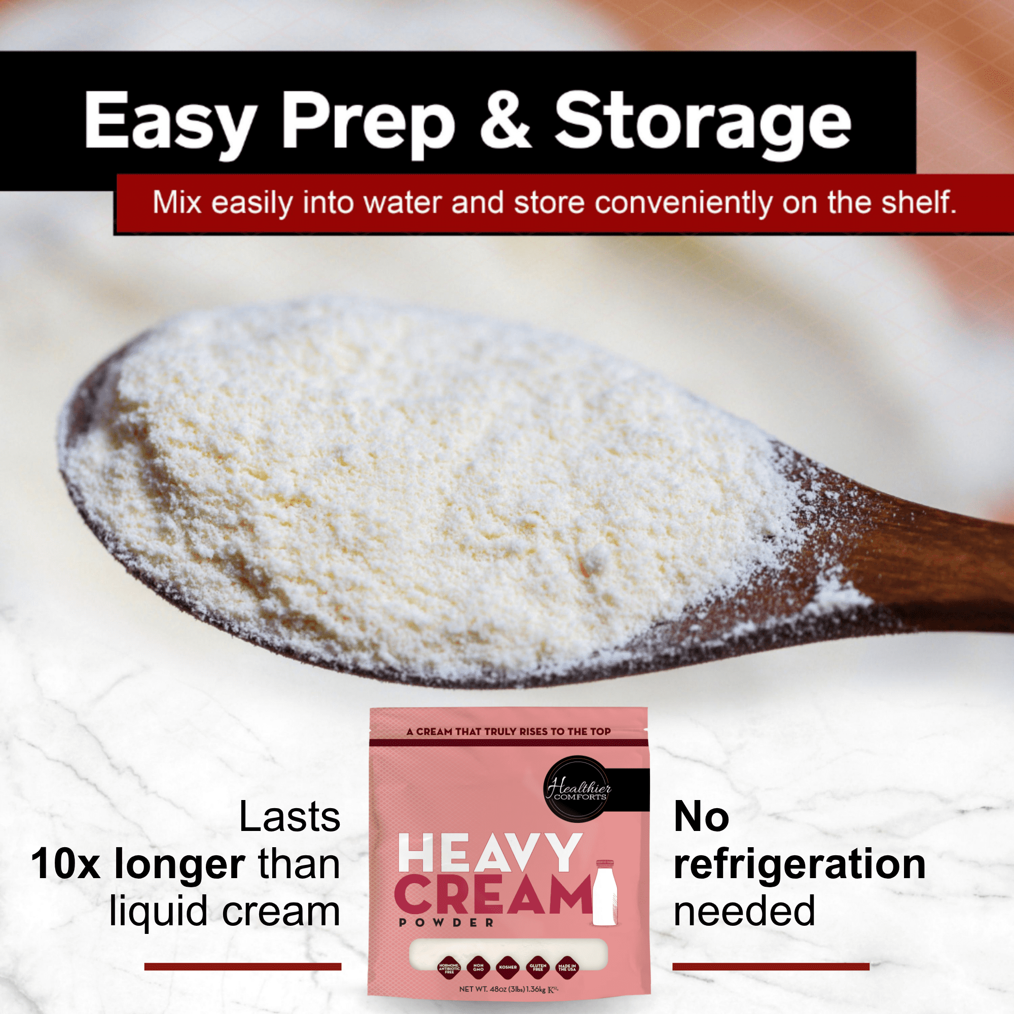 Healthier Comforts Heavy Cream Powder 48oz | 72% Butterfat, Kosher, Gluten Free, Non-GMO, Keto Friendly, Free of Antibiotics & Hormones (rBGH or rBST) | Made in USA