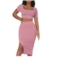 thumbnail image 2 of Njoeus Women 2 Piece Bodycon Midi Club Dresses Outfits Casual Short Sleeve Crop Top and Side Split Skirt Set, 2 of 8