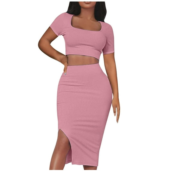 Erwazi Womens Outfits Set 2 Piece Sets Casual Cropped Short Sleeve Top and Pencil Skirt Trendy Vocation Work Suit, Pink, L