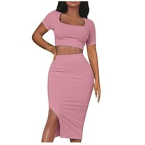 Annhoo 2 Piece Sets for Women Summer Short Sleeve Square Neck Crop Tops and Side Slit Skirts Casual Work Office Sets