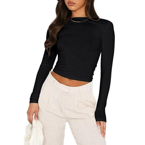 Blusa Mangas Largas Top de manga larga para mujer, camisa informal sexy con espalda descubierta, Top elástico para gimnasio Kuymtek Negro T L para Mujer
