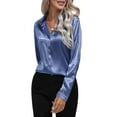 thumbnail image 3 of Satin Blouses for Women Casual Long Sleeve Button Down Shirts Dressy Business Work Tunic Top Blue L, 3 of 9