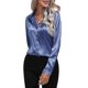 thumbnail image 3 of Blusas de Satén para Mujer, Informales, de Larga, con Botones, Elegantes, para Trabajo y Negocios Azul M, 3 of 10