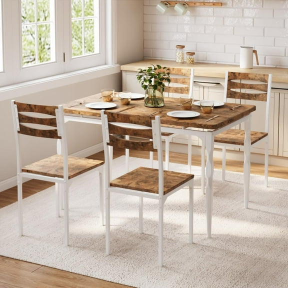 5 Piece Dining Table Set, Industrial Style Dining Table and Chairs Set for 4, Kitchen Table Set for Dining Room Kitchen Apartment, White Brown