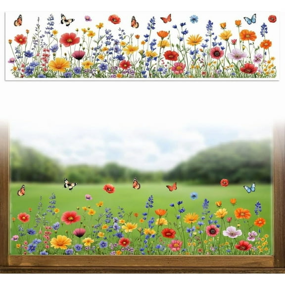 Window Static Cling Decal Sticker Double-Sided for Large Glass Car Windows 1 Sheet Colorful Wildflowers 47.2"x11.8" Waterproof Removable Window Decal for Home Office Classroom Decoration