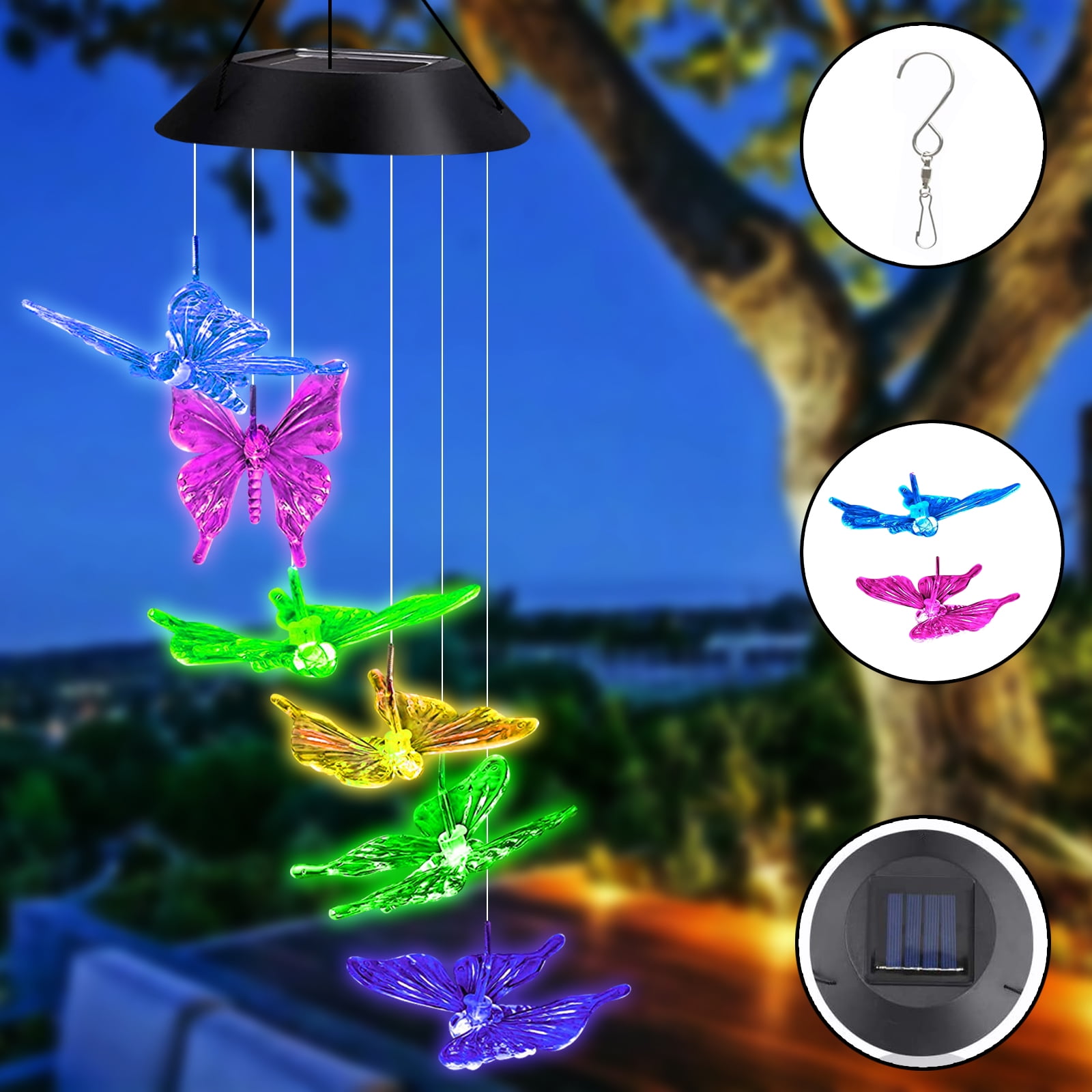 Wind Chimes Outdoor, Changing Color Solar Powered Mobile Butterfly Wind