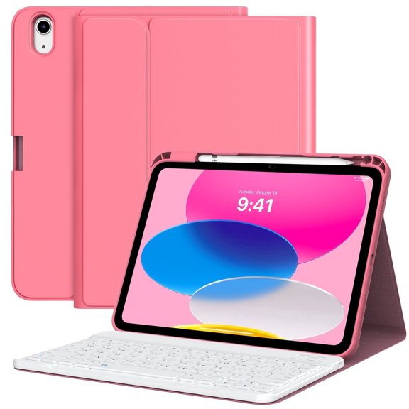 MoKo Case for iPad (A16) 11th Generation with Keyboard 11 inch 2025, iPad 10th Generation 10.9 inch Case with Pencil Holder, Multi-Angle Detachable Bluetooth Keyboard, Pink
