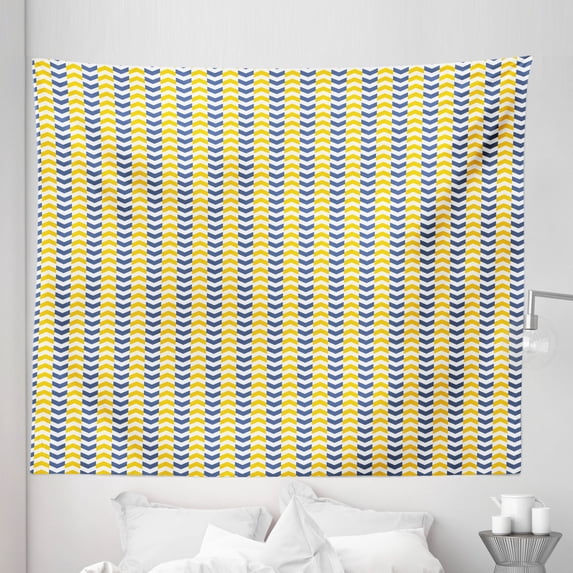 Modern Tapestry, Continuous Arrow Pointers Herringbone Pattern in Bicolour Design, Fabric Wall Hanging Decor for Bedroom Living Room Dorm, 5 Sizes, Dark Ceil Blue and Mustard, by Ambesonne