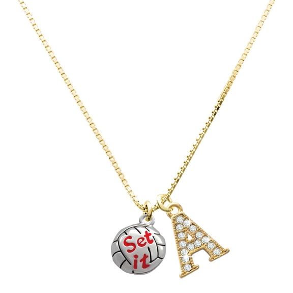 Delight Jewelry Silver-tone Volleyball - ''Set It'' - Large Goldtone Crystal Initial - A - Charm Necklace, 17.5" 2"