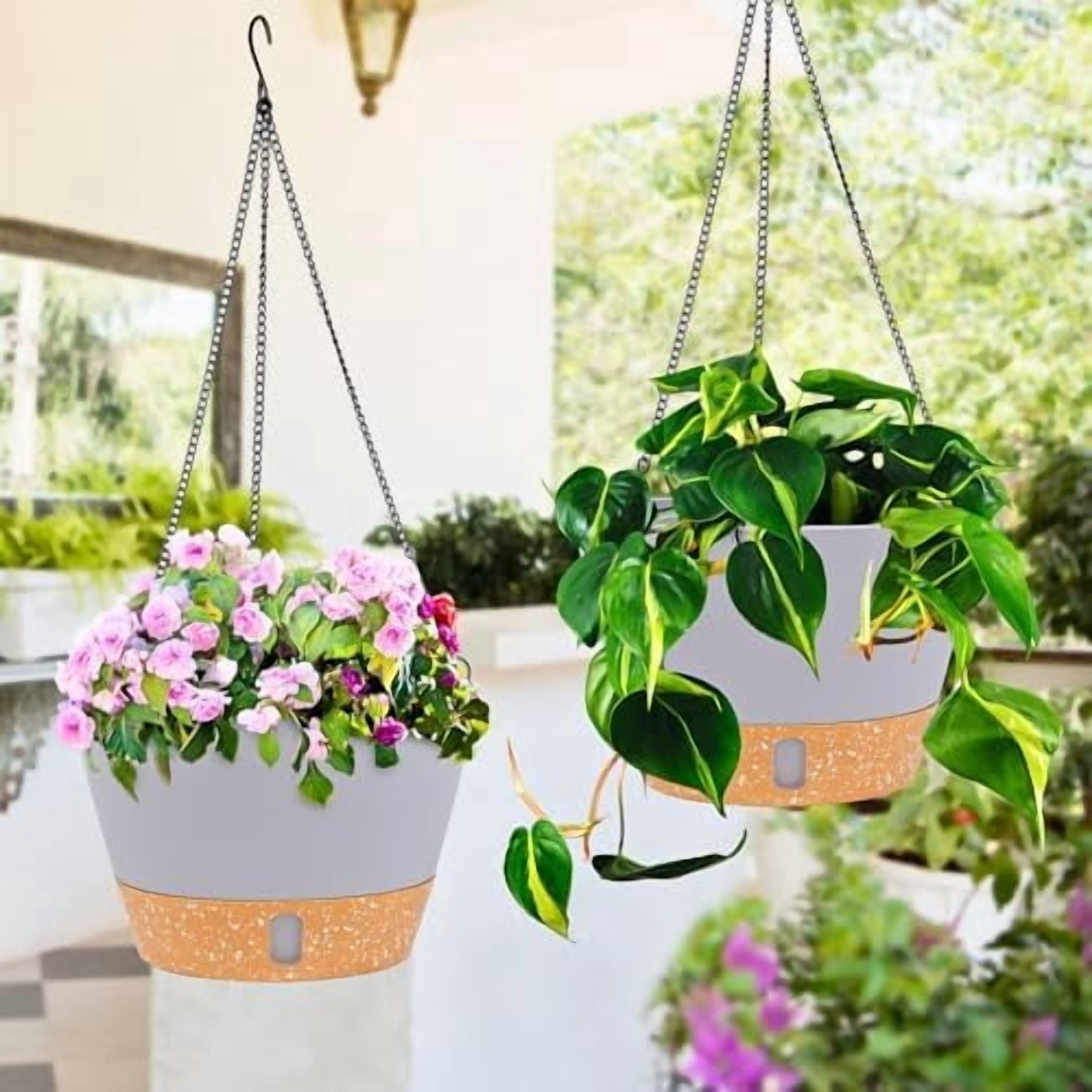 2 Pack Hanging Planters for Indoor Outdoor Plants, 8 Inch Hanging Baskets Flower Pots with Reservoir Tray & Visible Water-Level Light Grey,8 inch